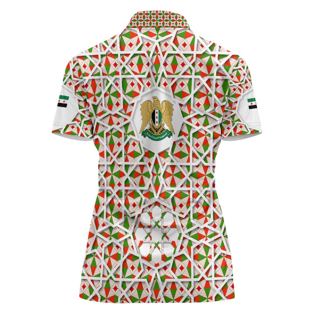 Syria Geometric Pattern Women Polo Shirt with Traditional Arab Tile Motif and Flag Emblem