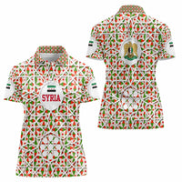 Syria Geometric Pattern Women Polo Shirt with Traditional Arab Tile Motif and Flag Emblem
