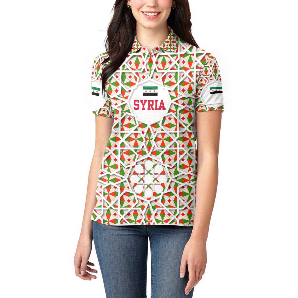 Syria Geometric Pattern Women Polo Shirt with Traditional Arab Tile Motif and Flag Emblem