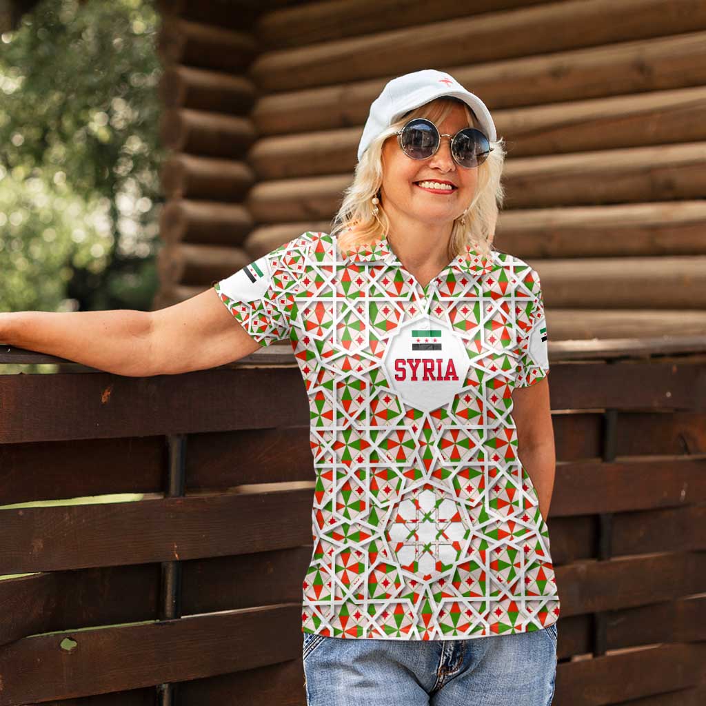 Syria Geometric Pattern Women Polo Shirt with Traditional Arab Tile Motif and Flag Emblem