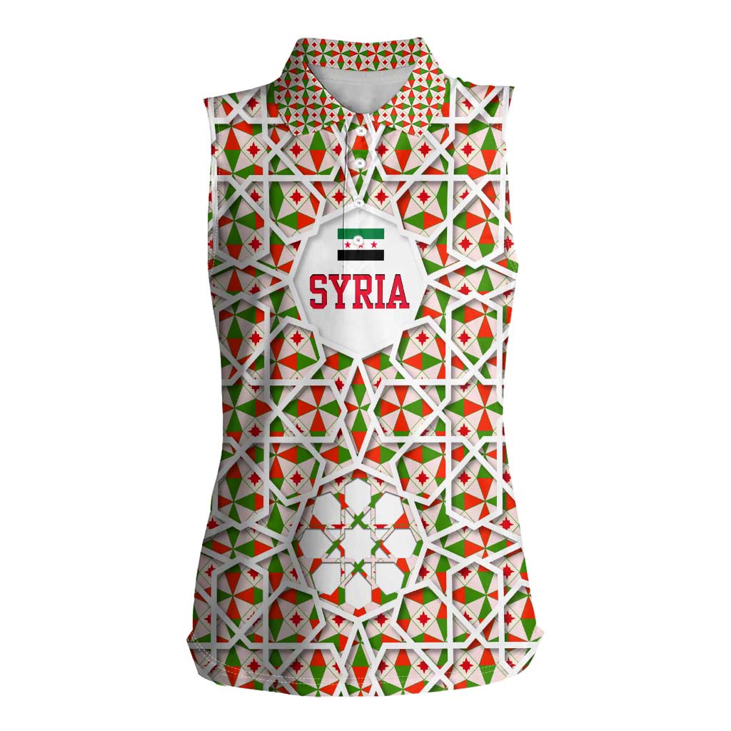 Syria Geometric Pattern Women Sleeveless Polo Shirt with Traditional Arab Tile Motif and Flag Emblem