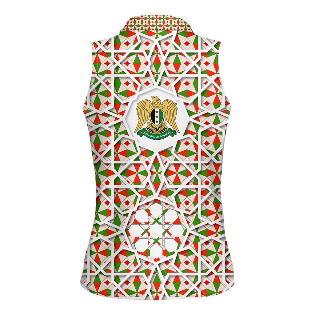 Syria Geometric Pattern Women Sleeveless Polo Shirt with Traditional Arab Tile Motif and Flag Emblem