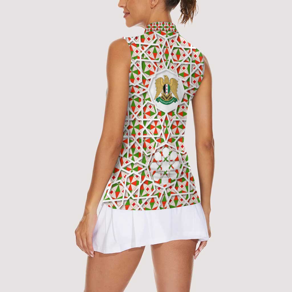 Syria Geometric Pattern Women Sleeveless Polo Shirt with Traditional Arab Tile Motif and Flag Emblem