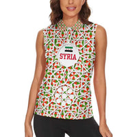 Syria Geometric Pattern Women Sleeveless Polo Shirt with Traditional Arab Tile Motif and Flag Emblem
