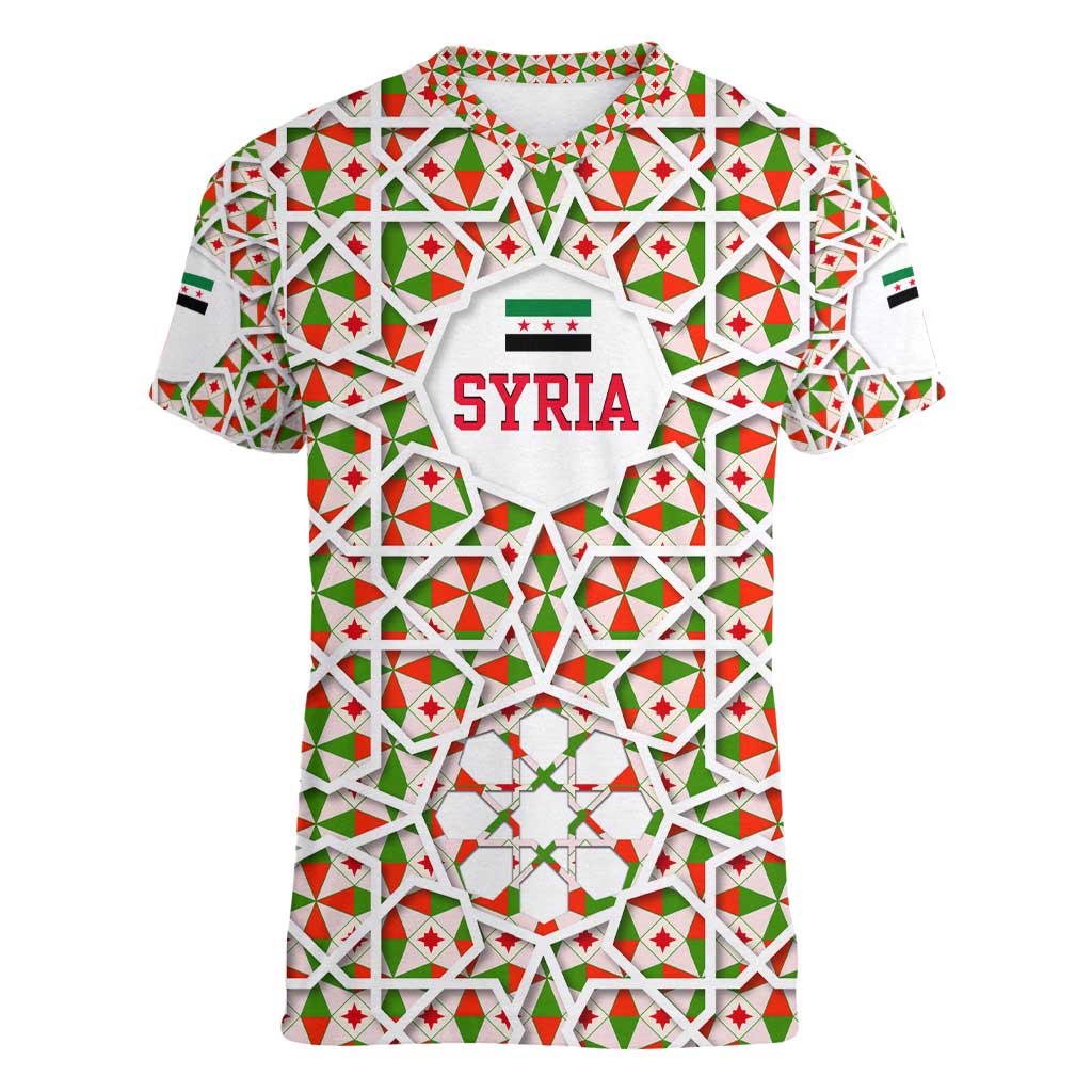 Syria Geometric Pattern Women V-Neck T-Shirt with Traditional Arab Tile Motif and Flag Emblem