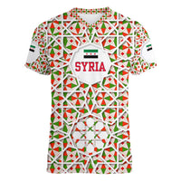 Syria Geometric Pattern Women V-Neck T-Shirt with Traditional Arab Tile Motif and Flag Emblem