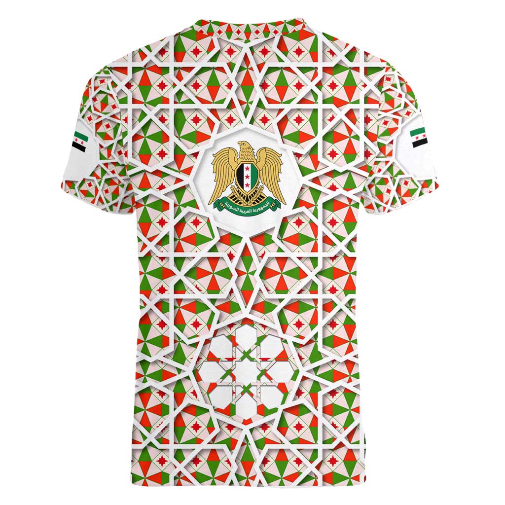 Syria Geometric Pattern Women V-Neck T-Shirt with Traditional Arab Tile Motif and Flag Emblem