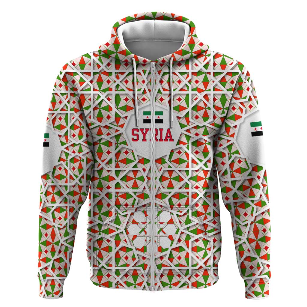 Syria Geometric Pattern Zip Hoodie with Traditional Arab Tile Motif and Flag Emblem