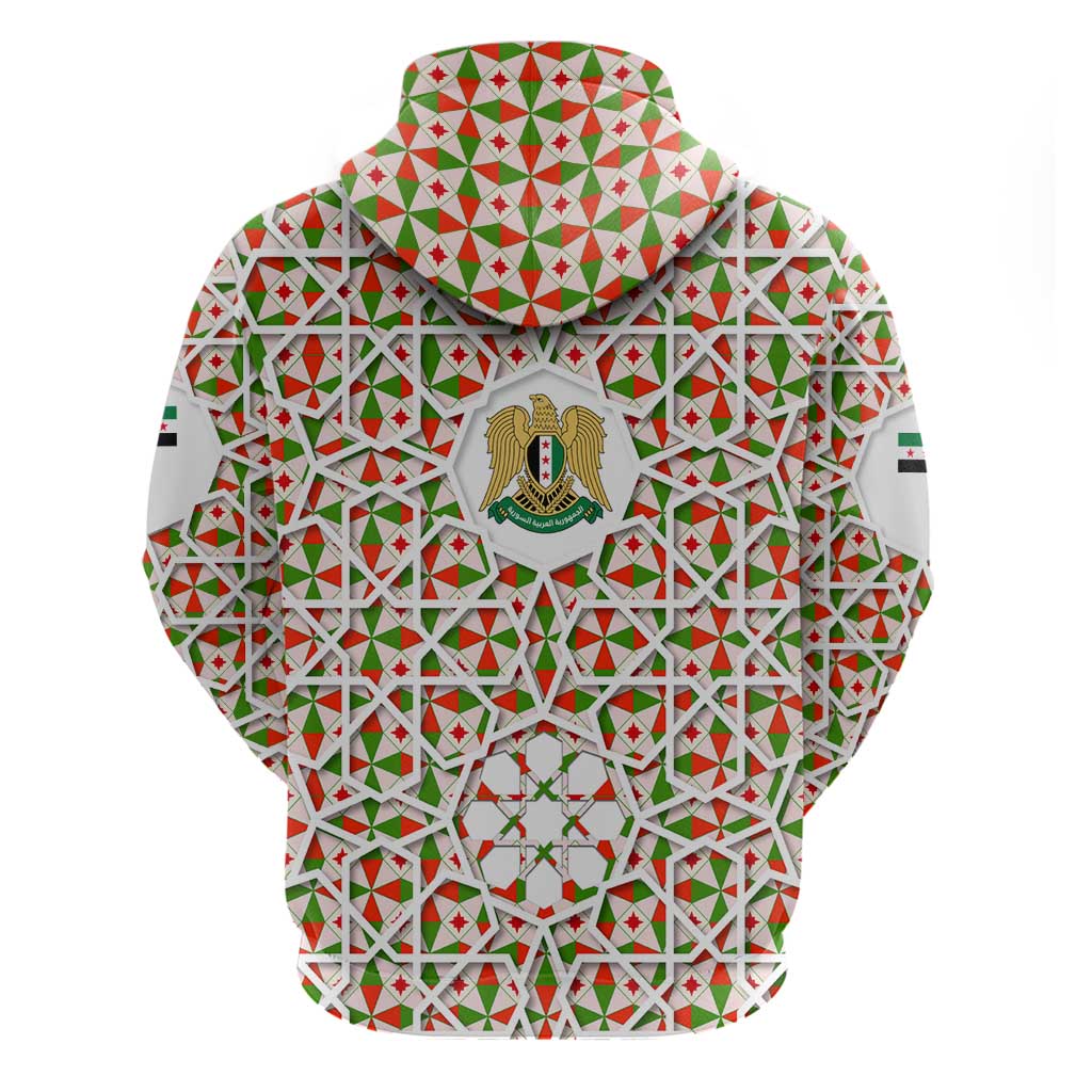 Syria Geometric Pattern Zip Hoodie with Traditional Arab Tile Motif and Flag Emblem