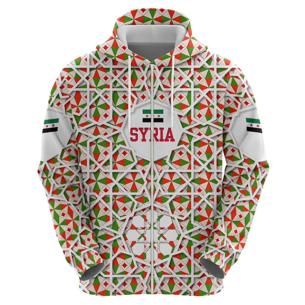 Syria Geometric Pattern Zip Hoodie with Traditional Arab Tile Motif and Flag Emblem