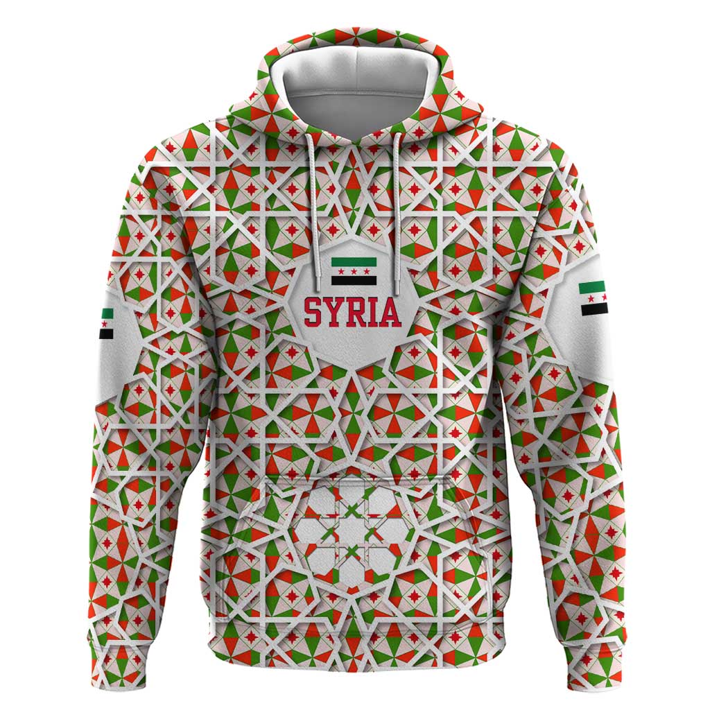 Syria Geometric Pattern Zip Hoodie with Traditional Arab Tile Motif and Flag Emblem