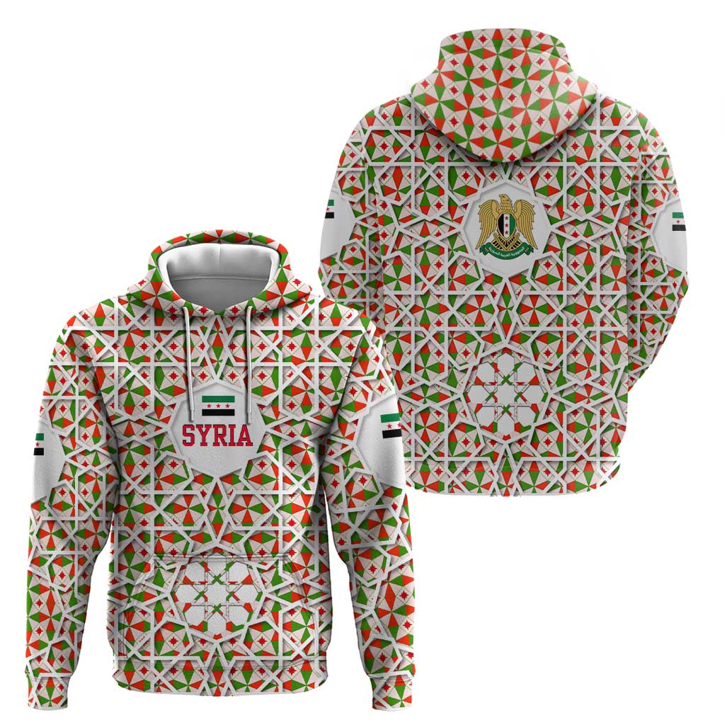 Syria Geometric Pattern Zip Hoodie with Traditional Arab Tile Motif and Flag Emblem