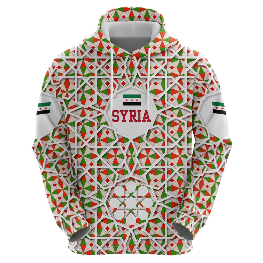 Syria Geometric Pattern Zip Hoodie with Traditional Arab Tile Motif and Flag Emblem