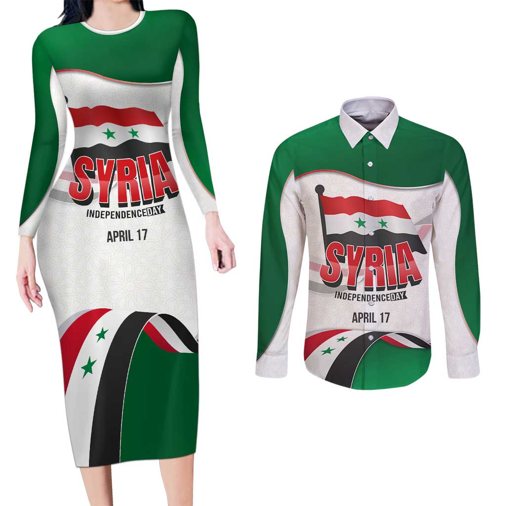Syria Independence Day Couples Matching Long Sleeve Bodycon Dress and Long Sleeve Button Shirt with National Flag and Emblem