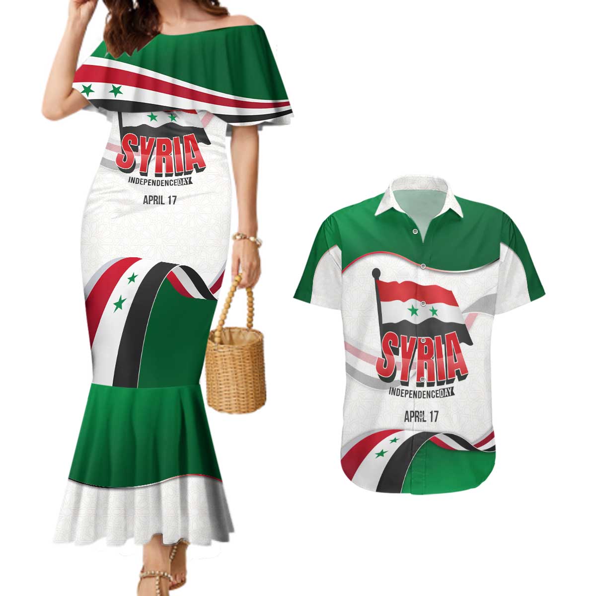 Syria Independence Day Couples Matching Mermaid Dress and Hawaiian Shirt with National Flag and Emblem