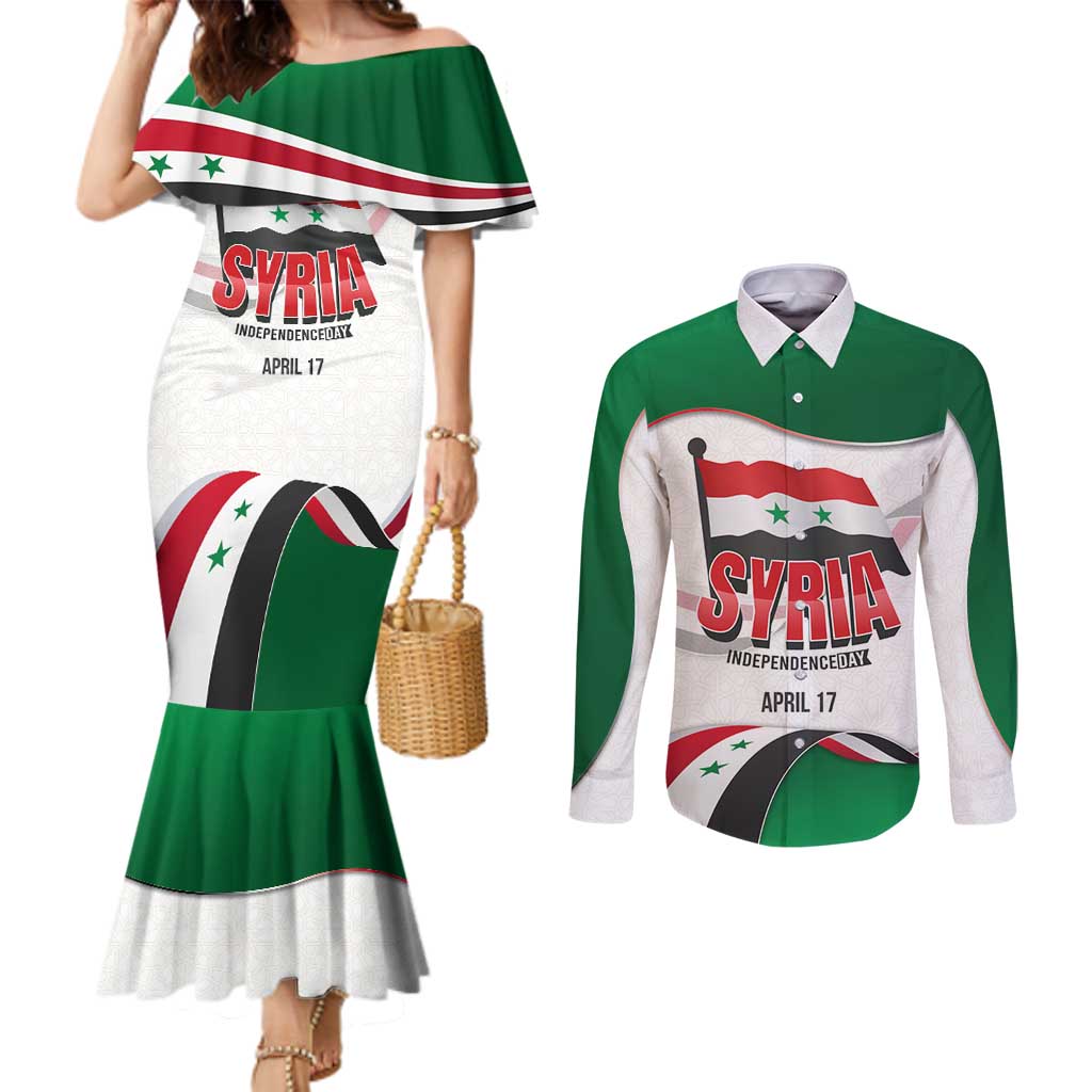 Syria Independence Day Couples Matching Mermaid Dress and Long Sleeve Button Shirt with National Flag and Emblem