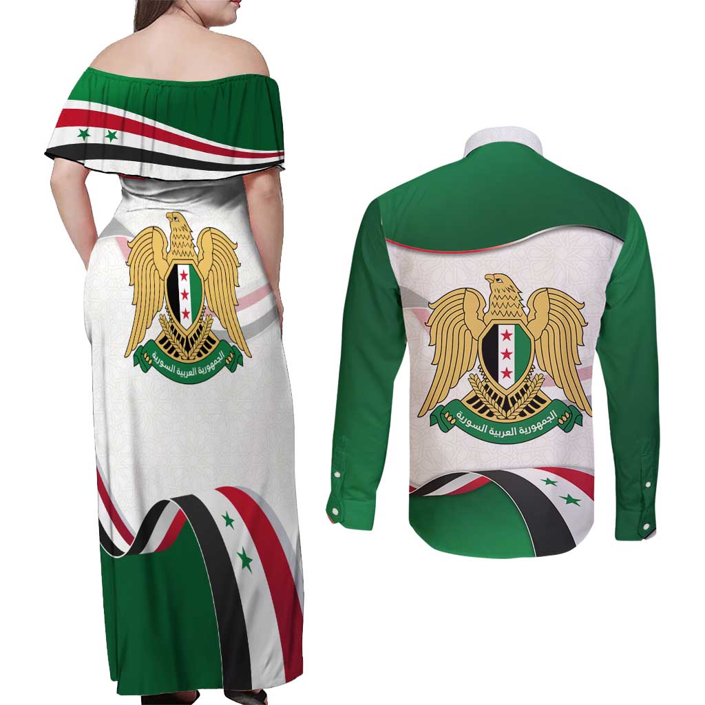Syria Independence Day Couples Matching Off Shoulder Maxi Dress and Long Sleeve Button Shirt with National Flag and Emblem