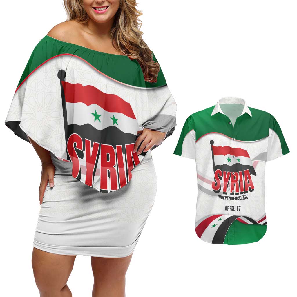 Syria Independence Day Couples Matching Off Shoulder Short Dress and Hawaiian Shirt with National Flag and Emblem