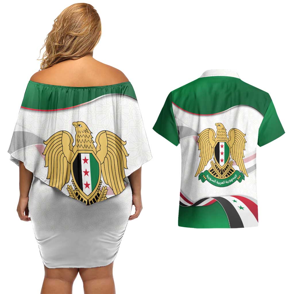 Syria Independence Day Couples Matching Off Shoulder Short Dress and Hawaiian Shirt with National Flag and Emblem