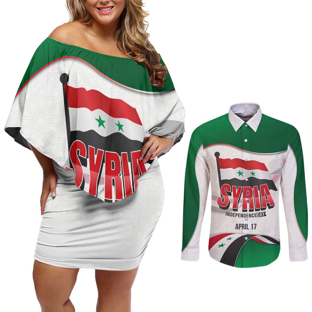 Syria Independence Day Couples Matching Off Shoulder Short Dress and Long Sleeve Button Shirt with National Flag and Emblem
