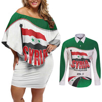 Syria Independence Day Couples Matching Off Shoulder Short Dress and Long Sleeve Button Shirt with National Flag and Emblem