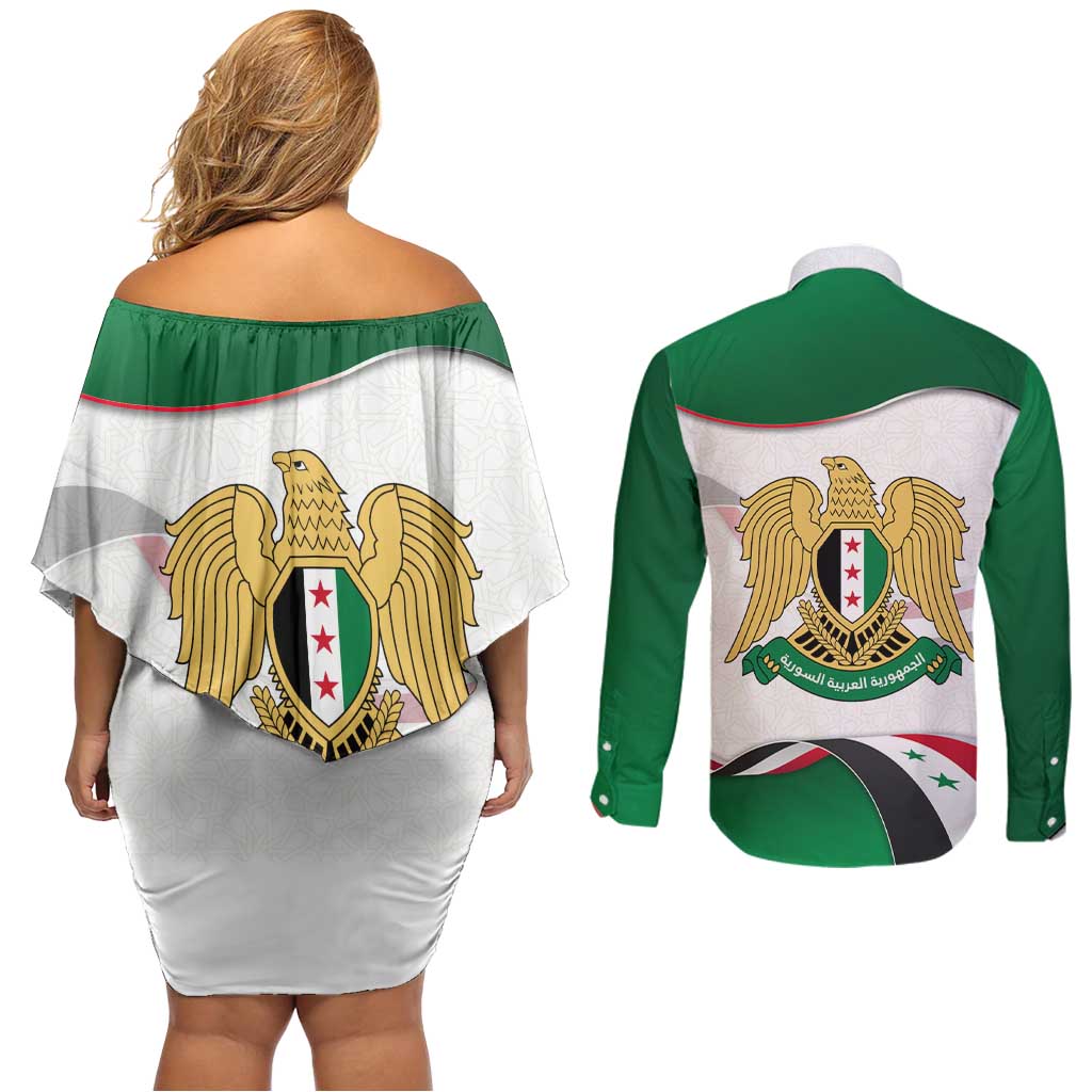 Syria Independence Day Couples Matching Off Shoulder Short Dress and Long Sleeve Button Shirt with National Flag and Emblem