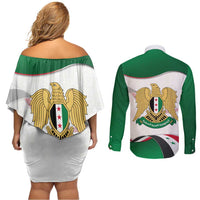 Syria Independence Day Couples Matching Off Shoulder Short Dress and Long Sleeve Button Shirt with National Flag and Emblem