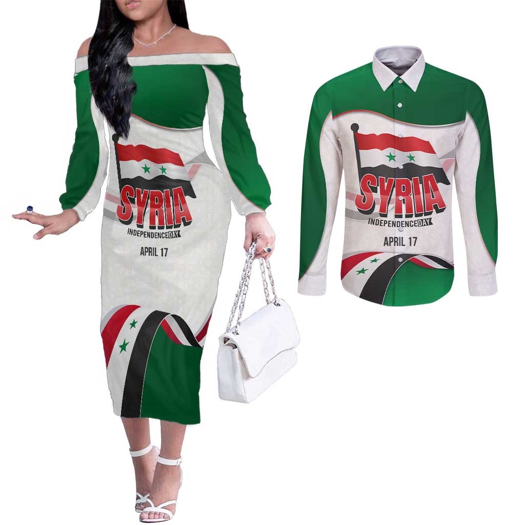 Syria Independence Day Couples Matching Off The Shoulder Long Sleeve Dress and Long Sleeve Button Shirt with National Flag and Emblem