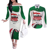 Syria Independence Day Couples Matching Off The Shoulder Long Sleeve Dress and Long Sleeve Button Shirt with National Flag and Emblem