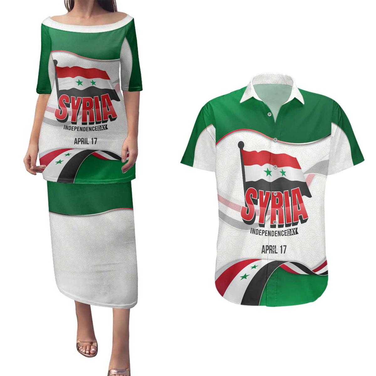 Syria Independence Day Couples Matching Puletasi and Hawaiian Shirt with National Flag and Emblem