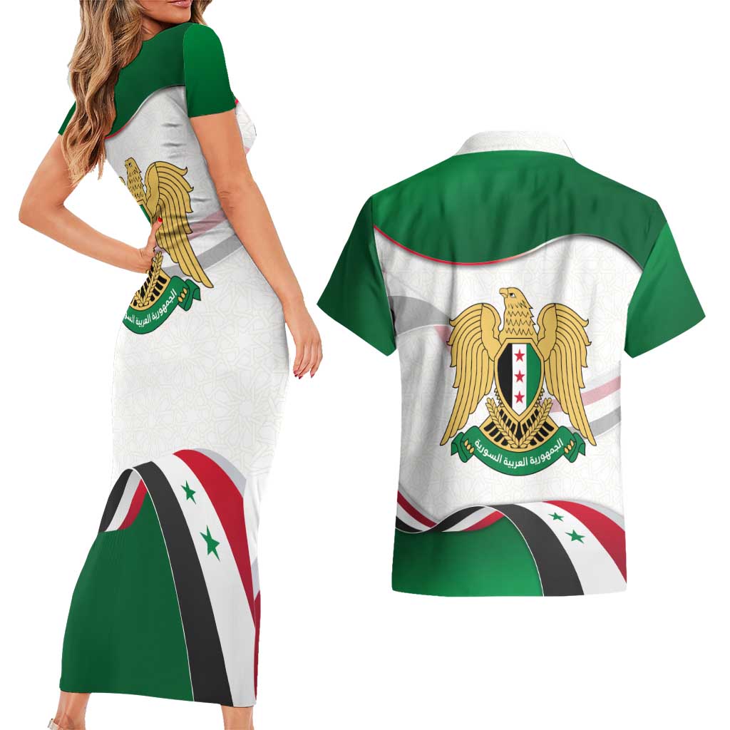 Syria Independence Day Couples Matching Short Sleeve Bodycon Dress and Hawaiian Shirt with National Flag and Emblem