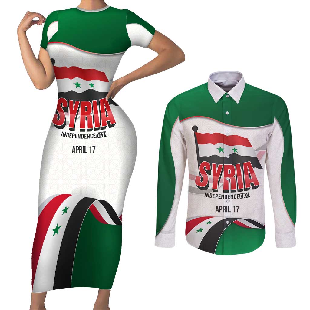 Syria Independence Day Couples Matching Short Sleeve Bodycon Dress and Long Sleeve Button Shirt with National Flag and Emblem