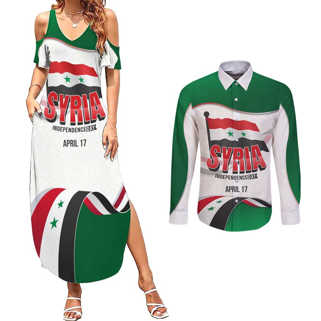 Syria Independence Day Couples Matching Summer Maxi Dress and Long Sleeve Button Shirt with National Flag and Emblem