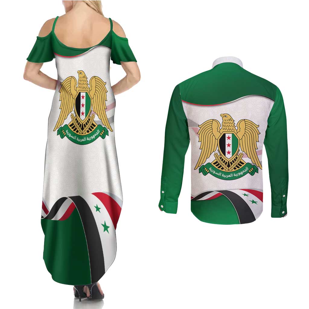 Syria Independence Day Couples Matching Summer Maxi Dress and Long Sleeve Button Shirt with National Flag and Emblem
