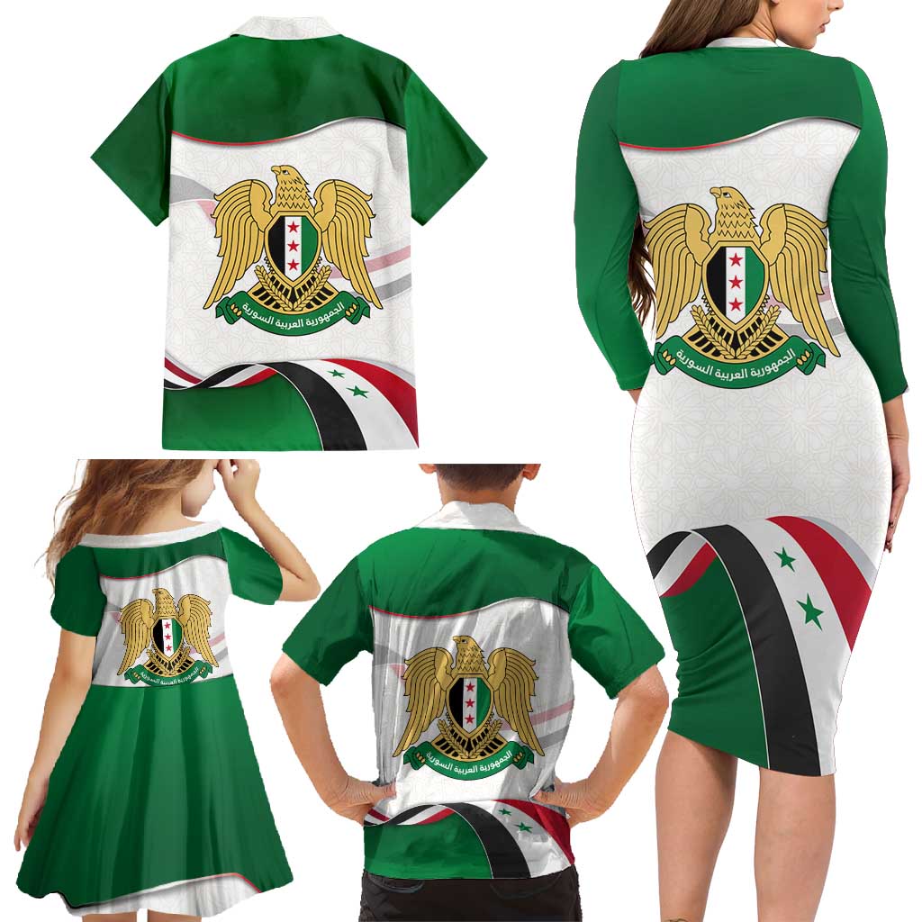 Syria Independence Day Family Matching Long Sleeve Bodycon Dress and Hawaiian Shirt with National Flag and Emblem