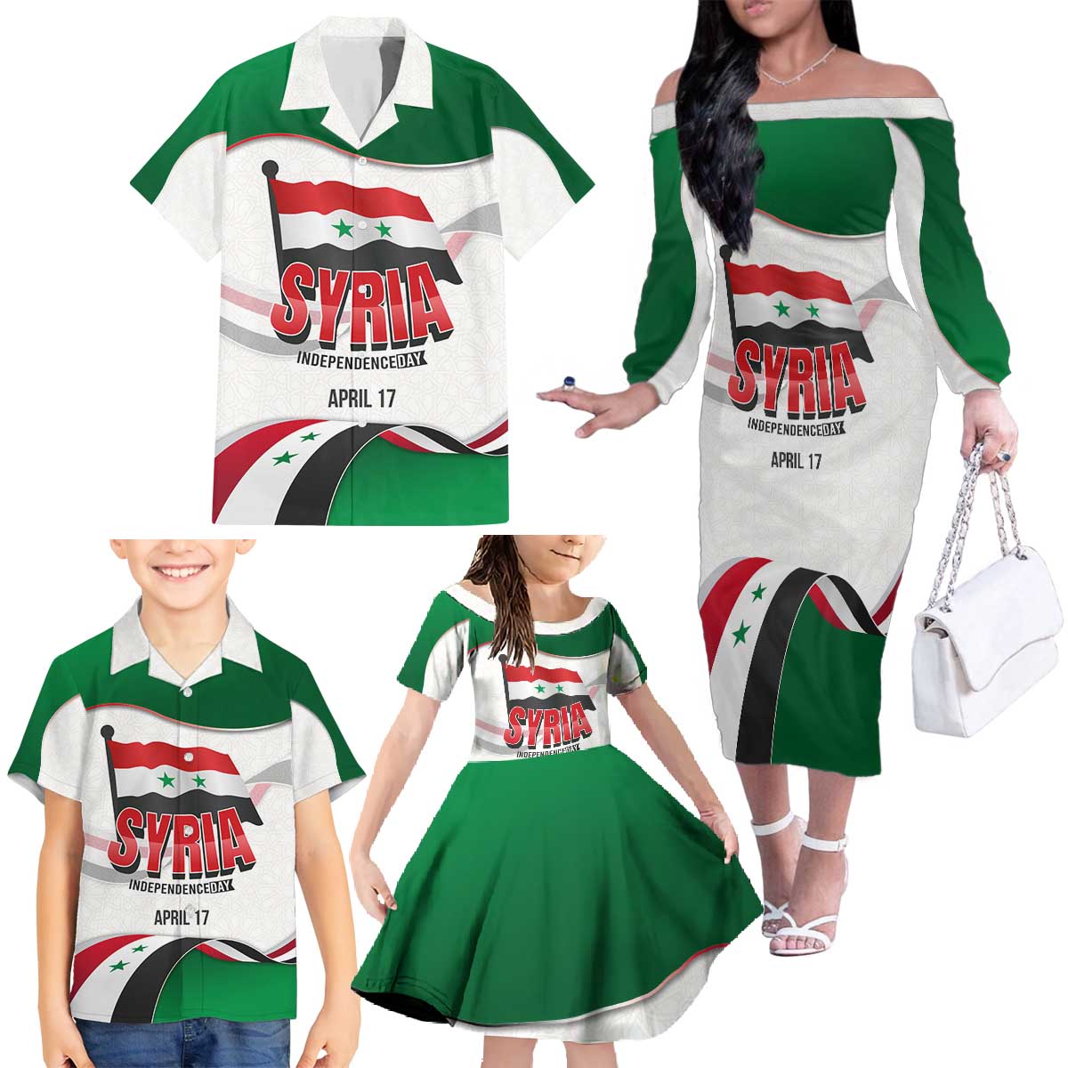 Syria Independence Day Family Matching Off The Shoulder Long Sleeve Dress and Hawaiian Shirt with National Flag and Emblem