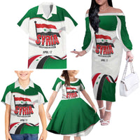 Syria Independence Day Family Matching Off The Shoulder Long Sleeve Dress and Hawaiian Shirt with National Flag and Emblem