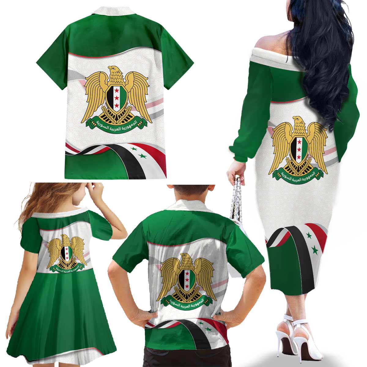 Syria Independence Day Family Matching Off The Shoulder Long Sleeve Dress and Hawaiian Shirt with National Flag and Emblem