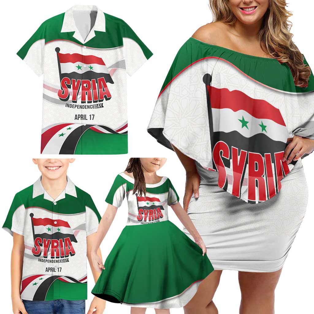 Syria Independence Day Family Matching Off Shoulder Short Dress and Hawaiian Shirt with National Flag and Emblem