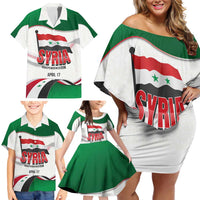 Syria Independence Day Family Matching Off Shoulder Short Dress and Hawaiian Shirt with National Flag and Emblem