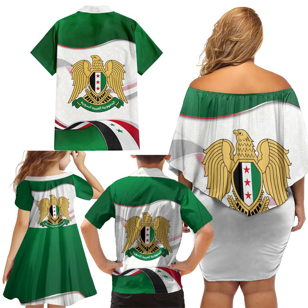 Syria Independence Day Family Matching Off Shoulder Short Dress and Hawaiian Shirt with National Flag and Emblem