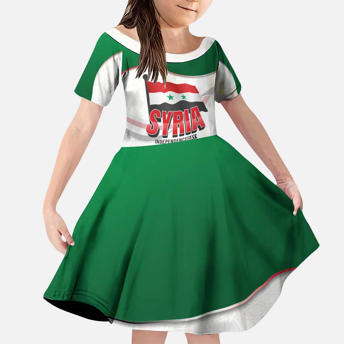 Syria Independence Day Kid Short Sleeve Dress with National Flag and Emblem
