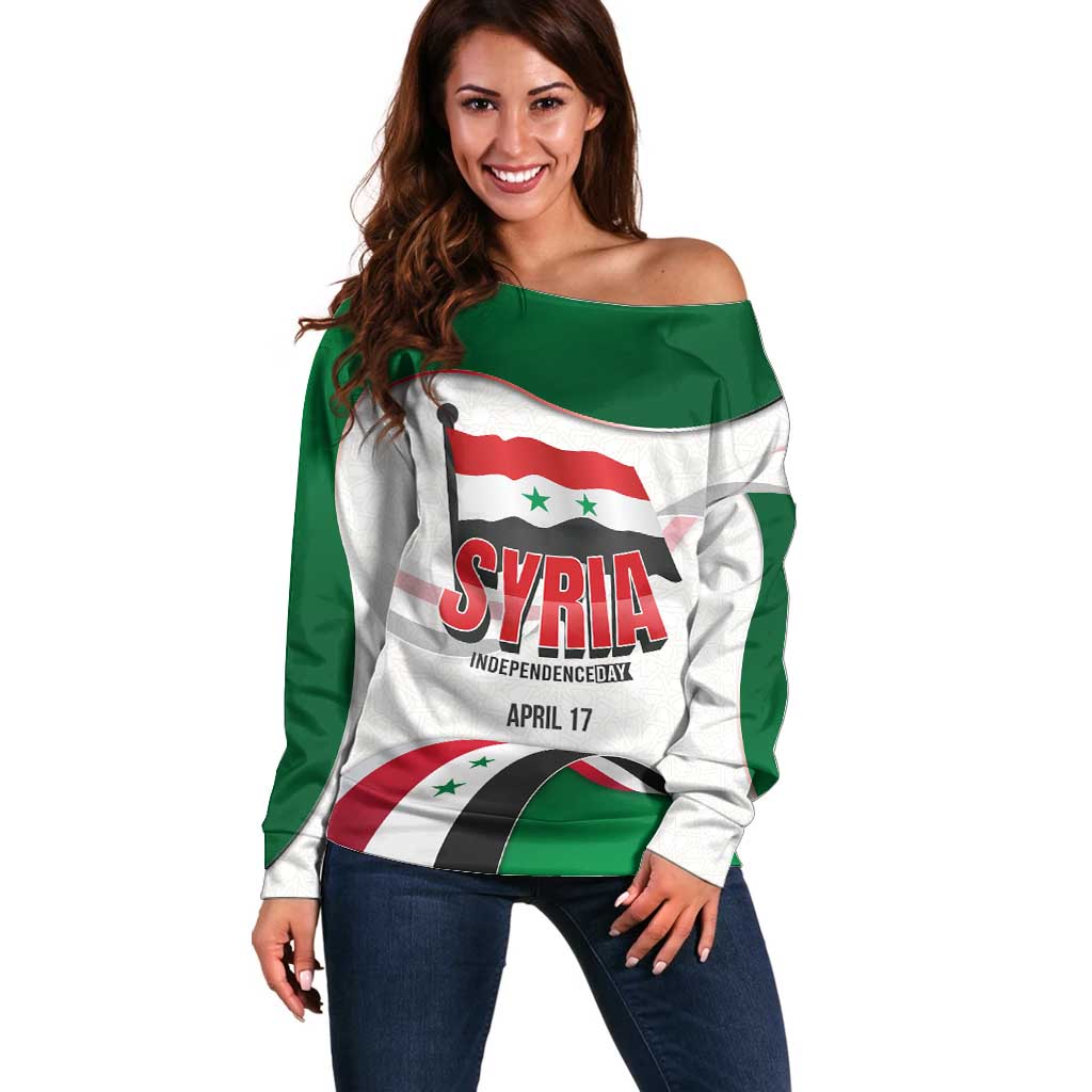 Syria Independence Day Off Shoulder Sweater with National Flag and Emblem