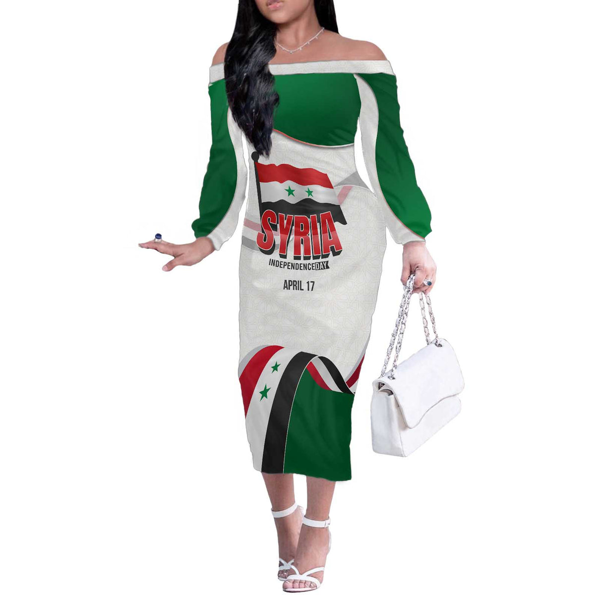 Syria Independence Day Off The Shoulder Long Sleeve Dress with National Flag and Emblem