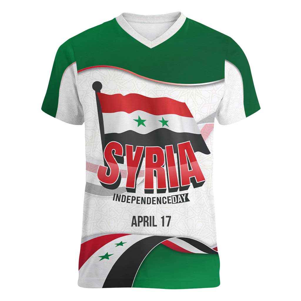 Syria Independence Day Women V-Neck T-Shirt with National Flag and Emblem
