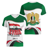 Syria Independence Day Women V-Neck T-Shirt with National Flag and Emblem