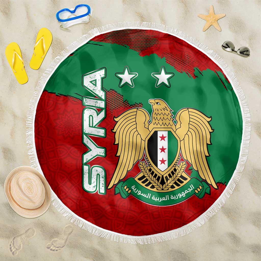 Syria National Emblem Beach Blanket with Map and Flag Pattern