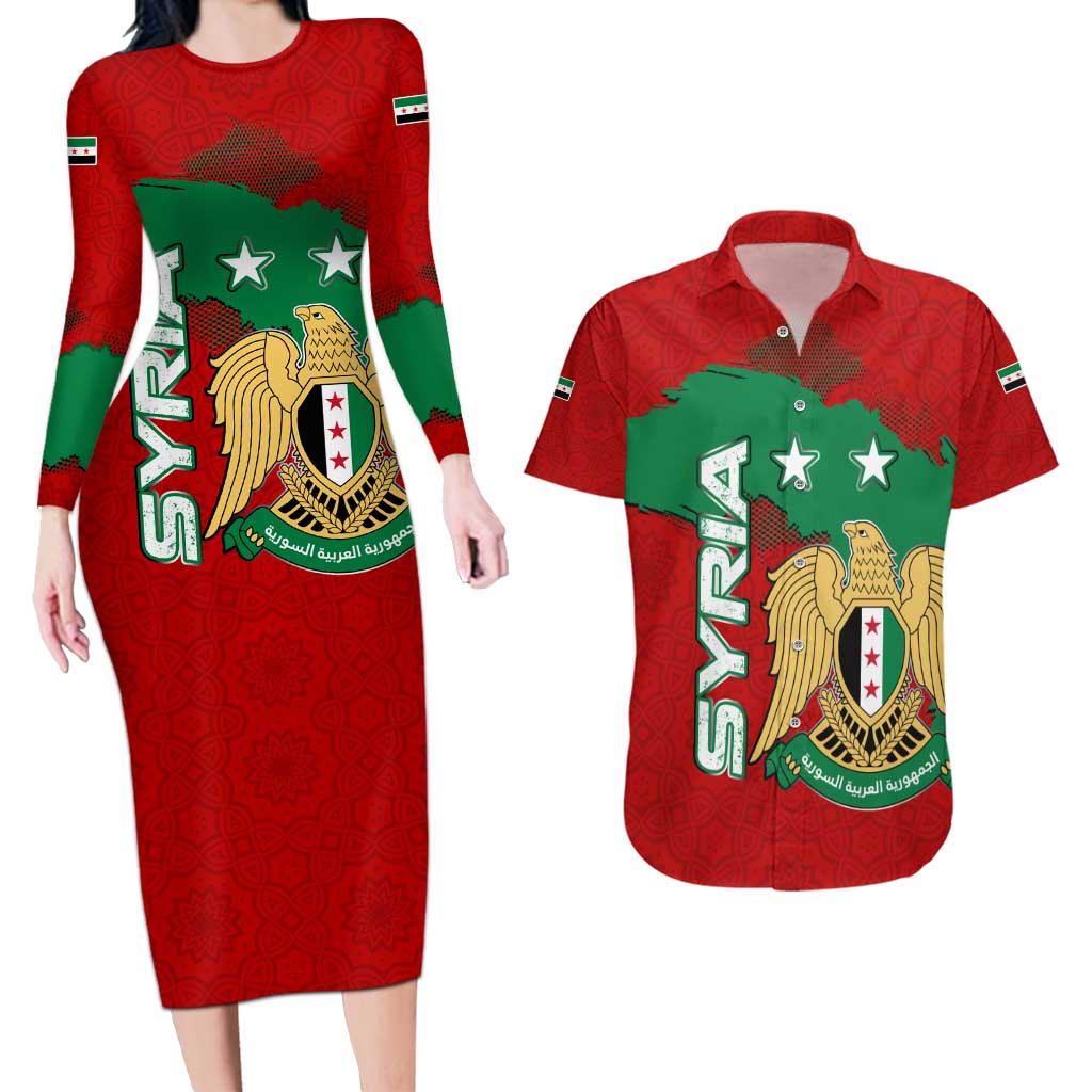 Syria National Emblem Couples Matching Long Sleeve Bodycon Dress and Hawaiian Shirt with Map and Flag Pattern