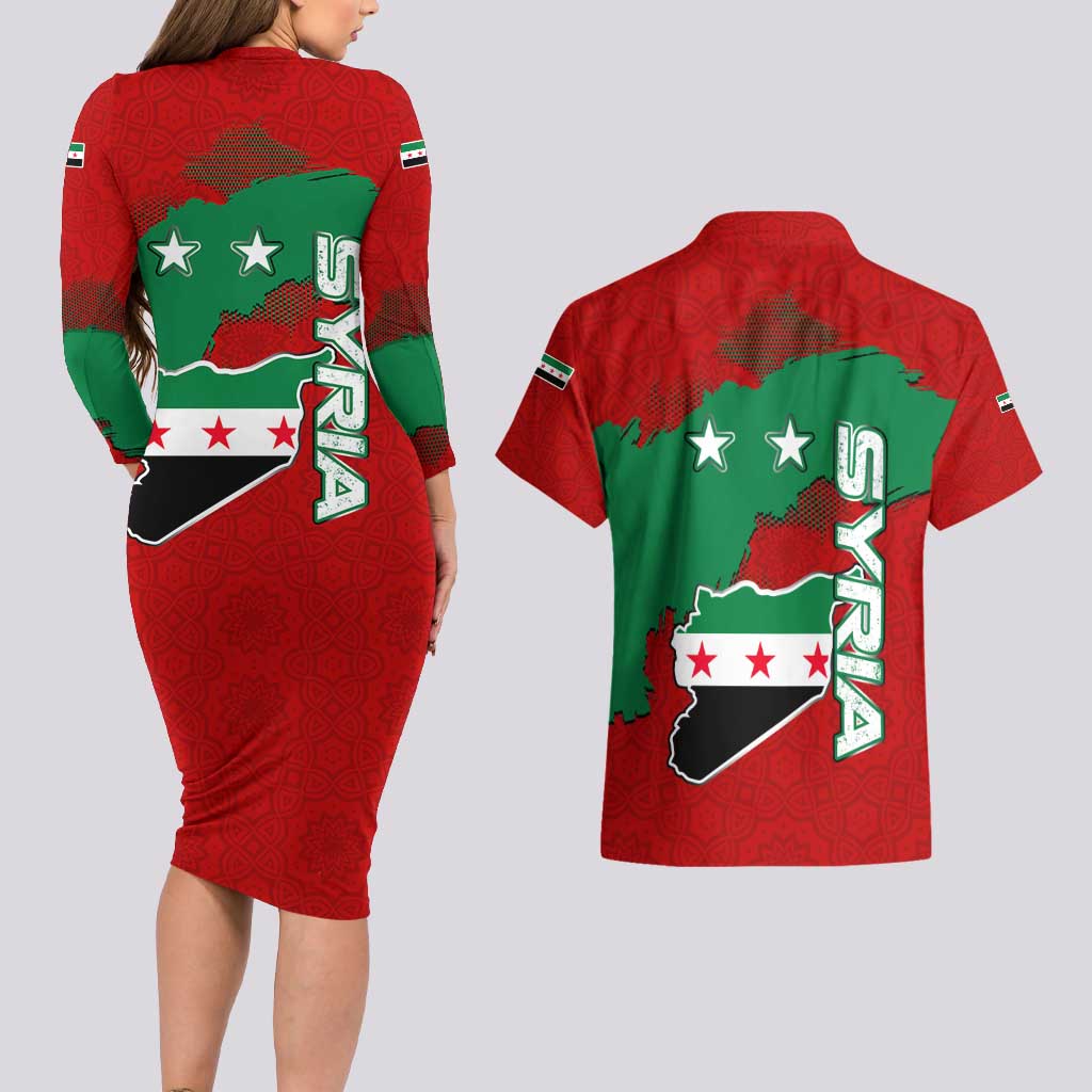Syria National Emblem Couples Matching Long Sleeve Bodycon Dress and Hawaiian Shirt with Map and Flag Pattern