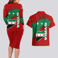 Syria National Emblem Couples Matching Long Sleeve Bodycon Dress and Hawaiian Shirt with Map and Flag Pattern